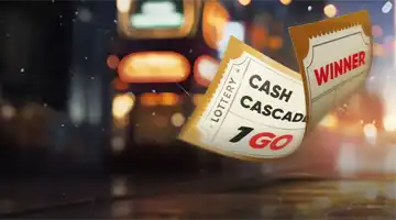 Лотерейный билет с надписью Cash Cascade и Winner от 1Go Casino, подчеркнутый огнями большого города