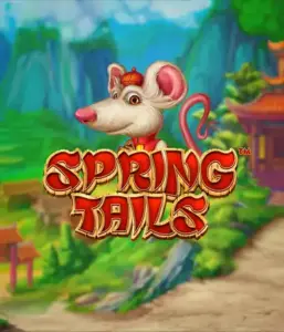 A whimsical illustration of a white rat wearing a red traditional Chinese outfit standing in a scenic mountain backdrop. The image is for the Spring Tails game by Betsoft, highlighted with bold red and gold logo lettering.