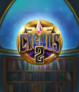 Discover the magical graphics of Cygnus 2 Slot by ELK Studios, featuring a stunning logo with a vibrant purple and gold design. Set against a starlit library setting, this image conjures the theme of exploration and mystery. 